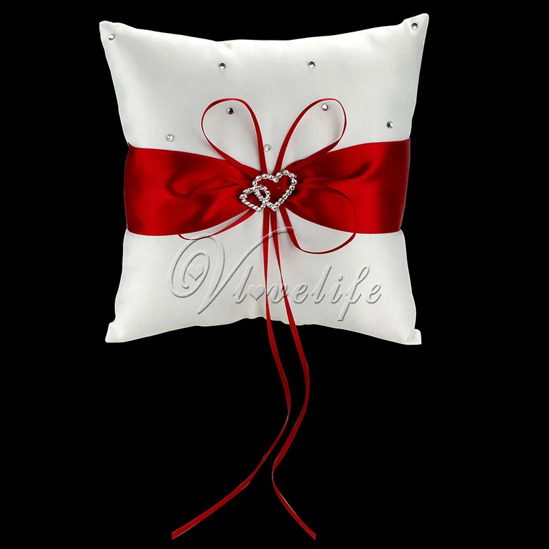 10 см x маленькое свадебное кольцо Подушка с лентой бант стразы Двойное сердце