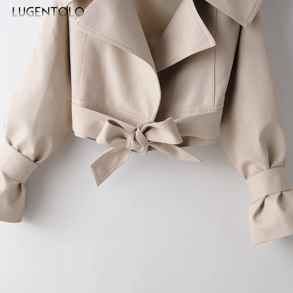 

Leather Jacket Women Short Large Lapel Bow Tie Fashionable Joker Locomotive PU Streetwear Biker Jacket Women Lugentolo