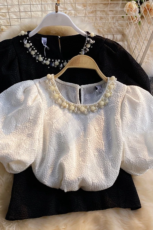 

Summer women lantern Sleeve Chiffon Top vintage fashion embedded flares design o-neck casual loose top 2021