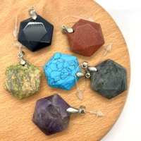 1pc natural semi precious stone pendants flat hexagon shape 8 colors for choice diy for making necklace 25mm size polishing