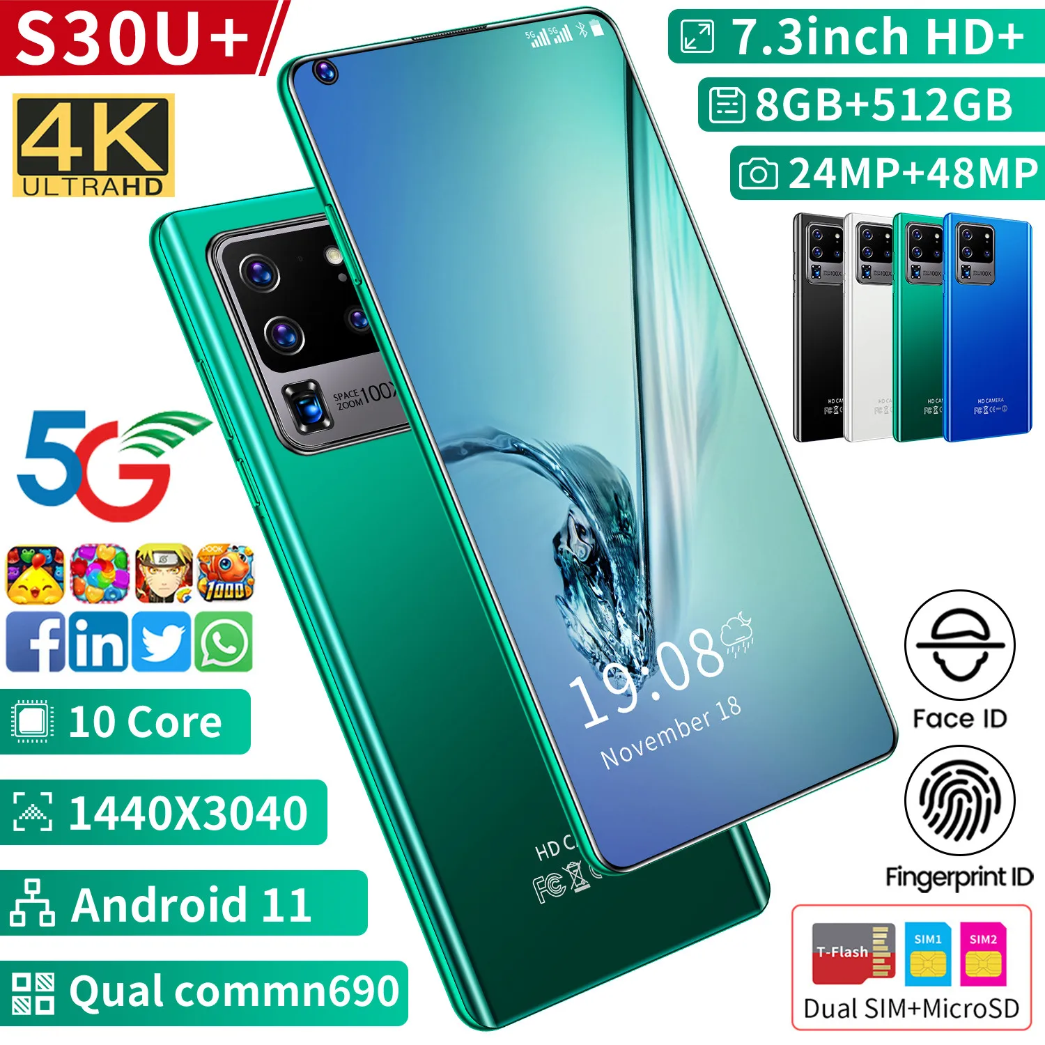 

New Arrival S30U+ 7.3Inch HD+Full Screen MTK6889 24MP+48MP 8+512GB Finger Face ID 5600MAH Global 5G Mobile Phone Dual SIM Card