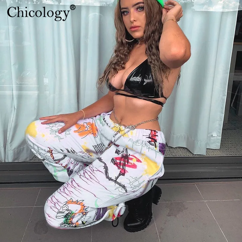 Chicology принтом принт уличная одежда длинные штаны 2019 женское с высокой талией в
