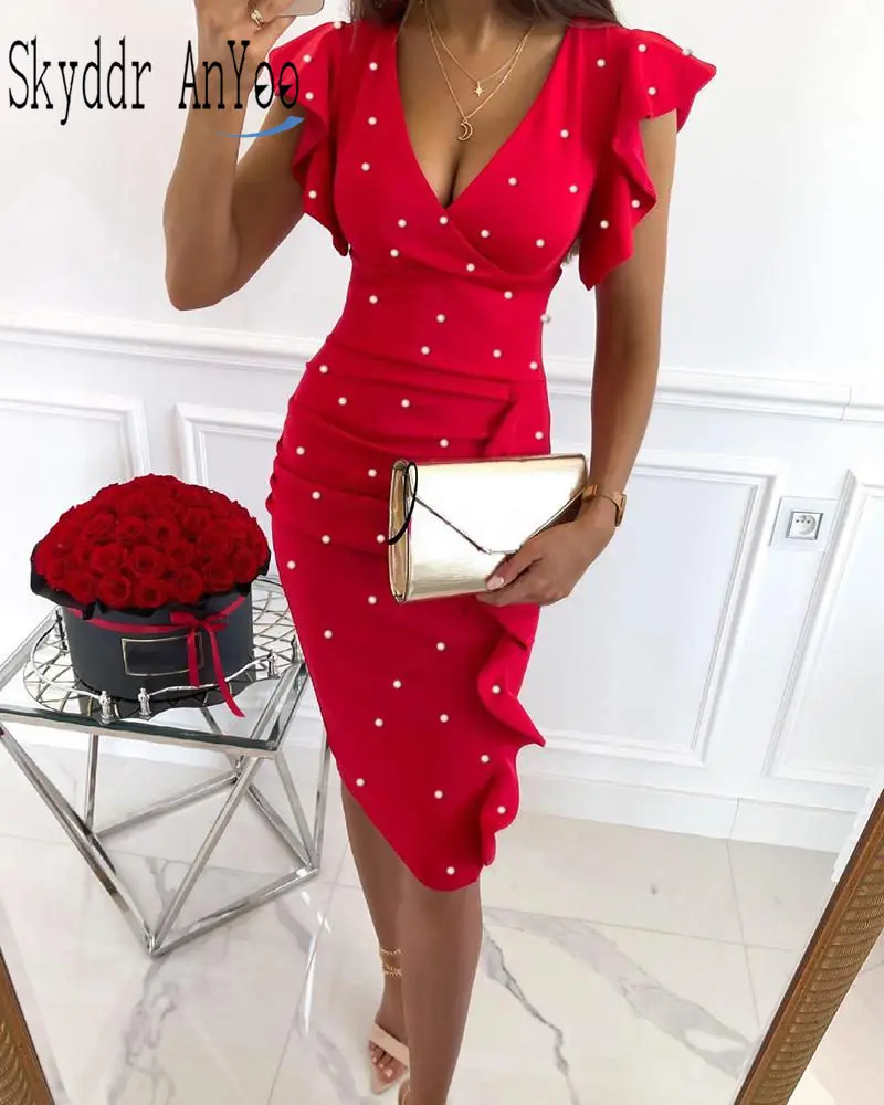 

2021 Summer Women Red Party Dress Short Sleeve V-Neck Knee-Length Slim Bodycon Dresses Bubble Bead Chic Vestidos Mujer