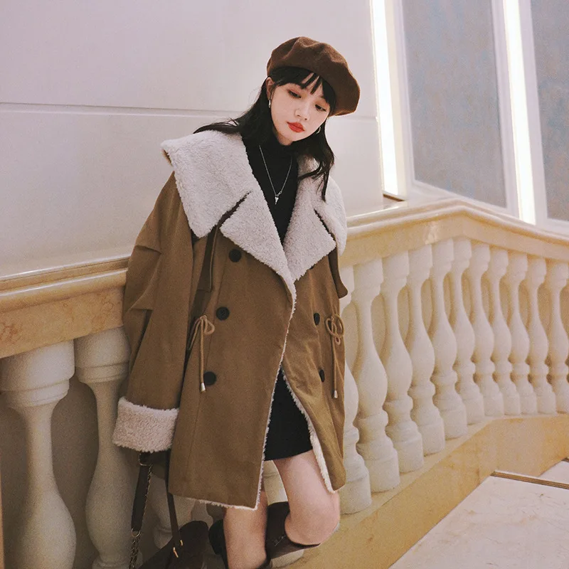 New Mid-length Large Lapel Lamb Wool Coat Tooling Parker Coat Plus Velvet Korean Loose Cotton Coat Women