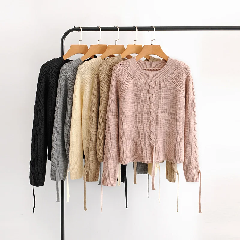 Женский вязаный пуловер с круглым вырезом повседневный однотонный длинными