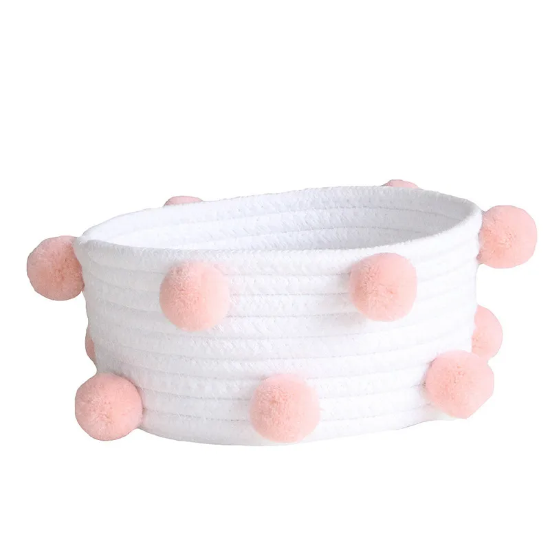 

Handmade Cloth Weave Storage Baskets Pompom Basket Flower Desktop Basket Container Toy Holder Organizer