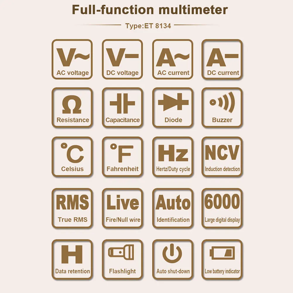 

ET8134 NCV Digital Multimeter LCD Backlight Auto Range 6000 Count AC DC Voltmeter Ammeter Ohm Voltage Tester Capacitance Meter