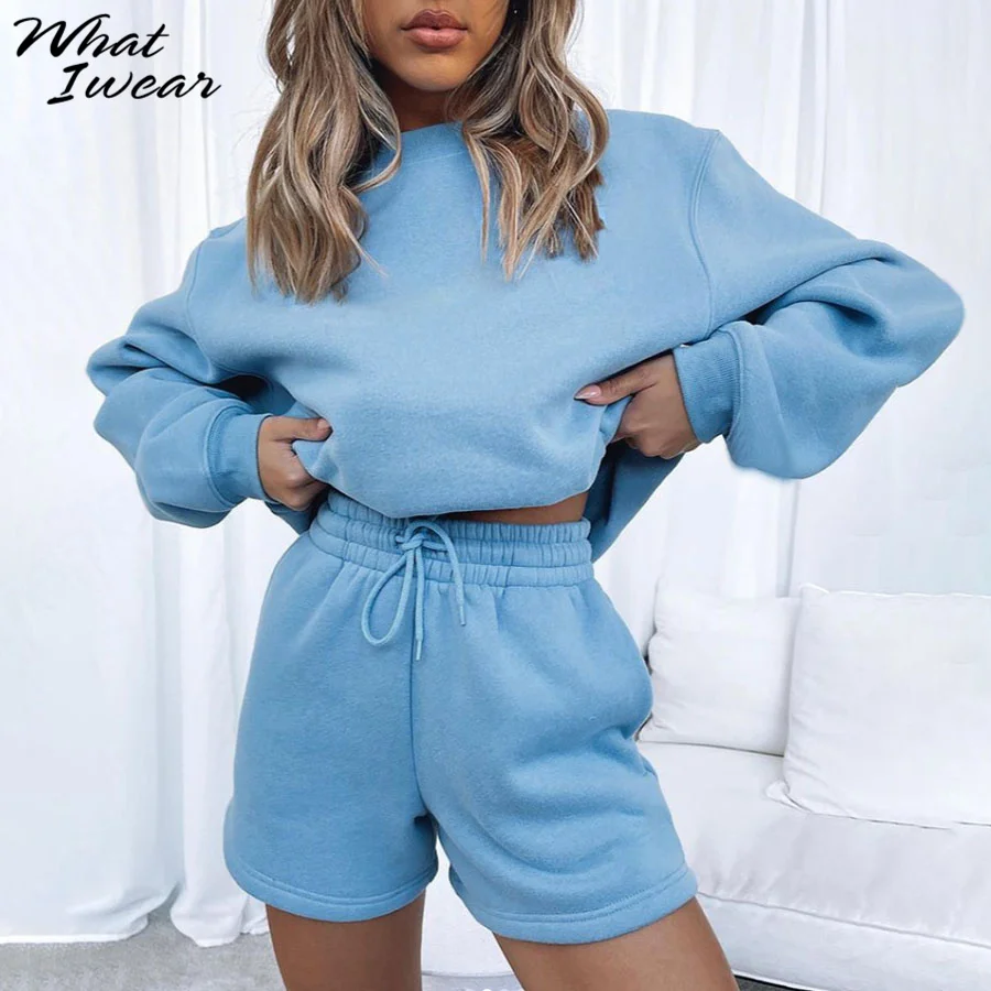 

Whatiwear Cotton Solid Two Piece Set Women Early Autumn Casual O-Neck Sweater+Drawstring Sporty Shorts Classic Matching Outfit