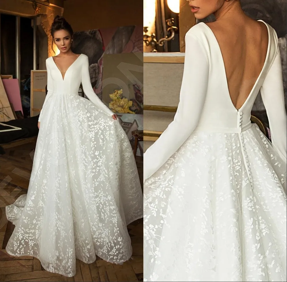 

Wedding Dresses Boho Modern Long Sleeves Lace V Neck Backless Beach Bride Gowns Vestido De Novia Свадебное Платье Robe De Mariee