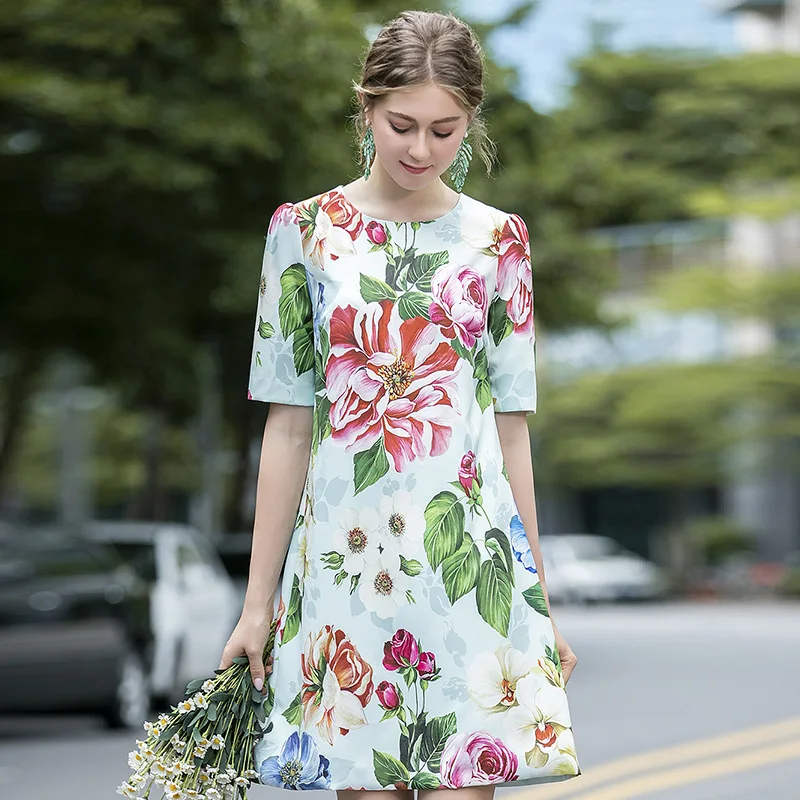 

Elegant Women's Fashion Summer Elegance round Neck Short Sleeve Flower Print Short A- Word Dress