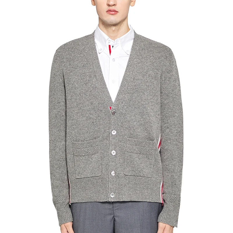 

THOM 2021 TB Fashion Brand Sweaters Men Slim Fit V-Neck Cardigans Clothing Striped Cotton Wool Thick Autumn Winter Casual Coat