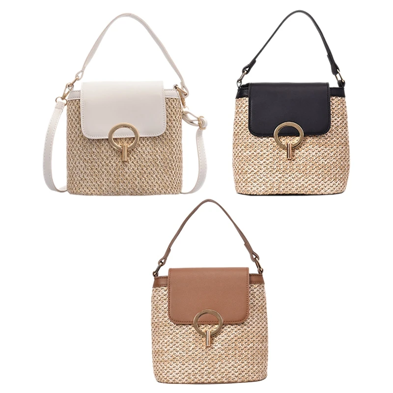

Women's Small Straw Bucket Bag Straw Bag Shoulder Messenger Bag Wild Handbag