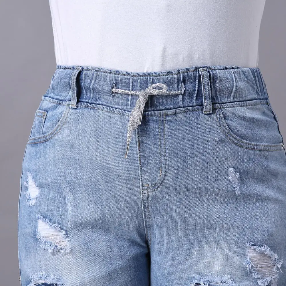 

WYWAN 2020 Summer High Denim Shorts Women Casual Loose Ladies Fashion RollUp Hem Elastic Waist Pocket Blue White Jeans Female XL