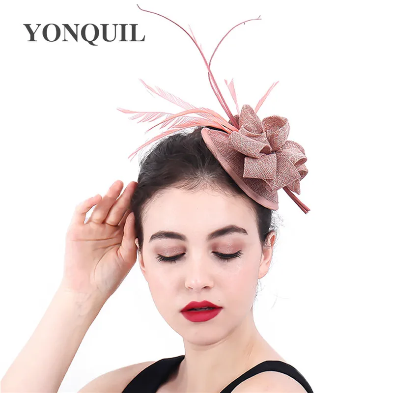 

Women Peach Fascinators Kentucky Derby Hair Accessories Elegant Red Bridal Cocktail Headdress Hats Fancy Feather Fedora SYF390