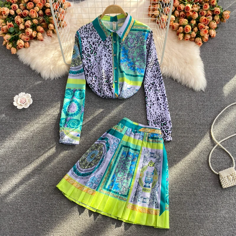 

Fashion Suit Female 2021 Autumn New Hit Color Lapel Long-sleeved Printed Shirt Two-piece High-waist Pleated Skirt