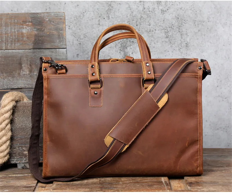 PNDME vintage crazy horse cowhide men's briefcase large capacity laptop handbag work designer genuine leather messenger bag