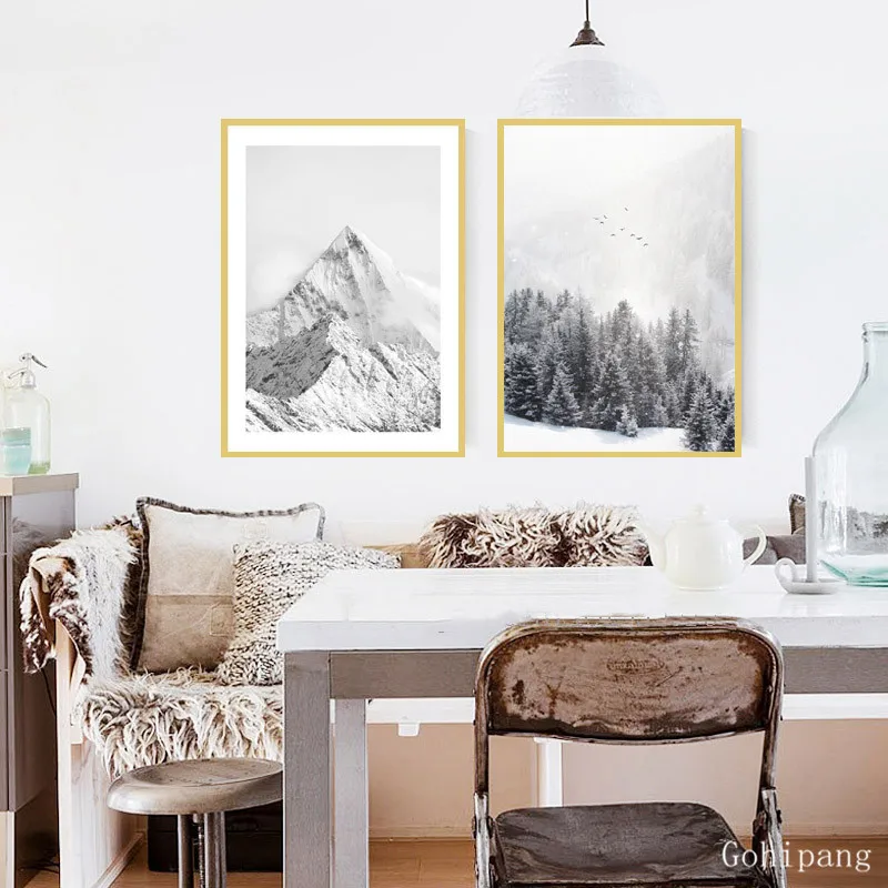 Черно-белые скандинавские ледяные снежные горы живопись абстрактный пейзаж