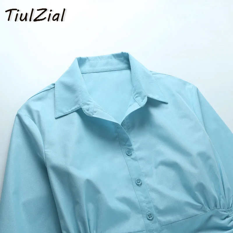 

TiulZial White Long Sleeve Shirt Women Drawstring Ruched Long Shirt Blouse Women Casual Skinny Blouse Tunics Dress