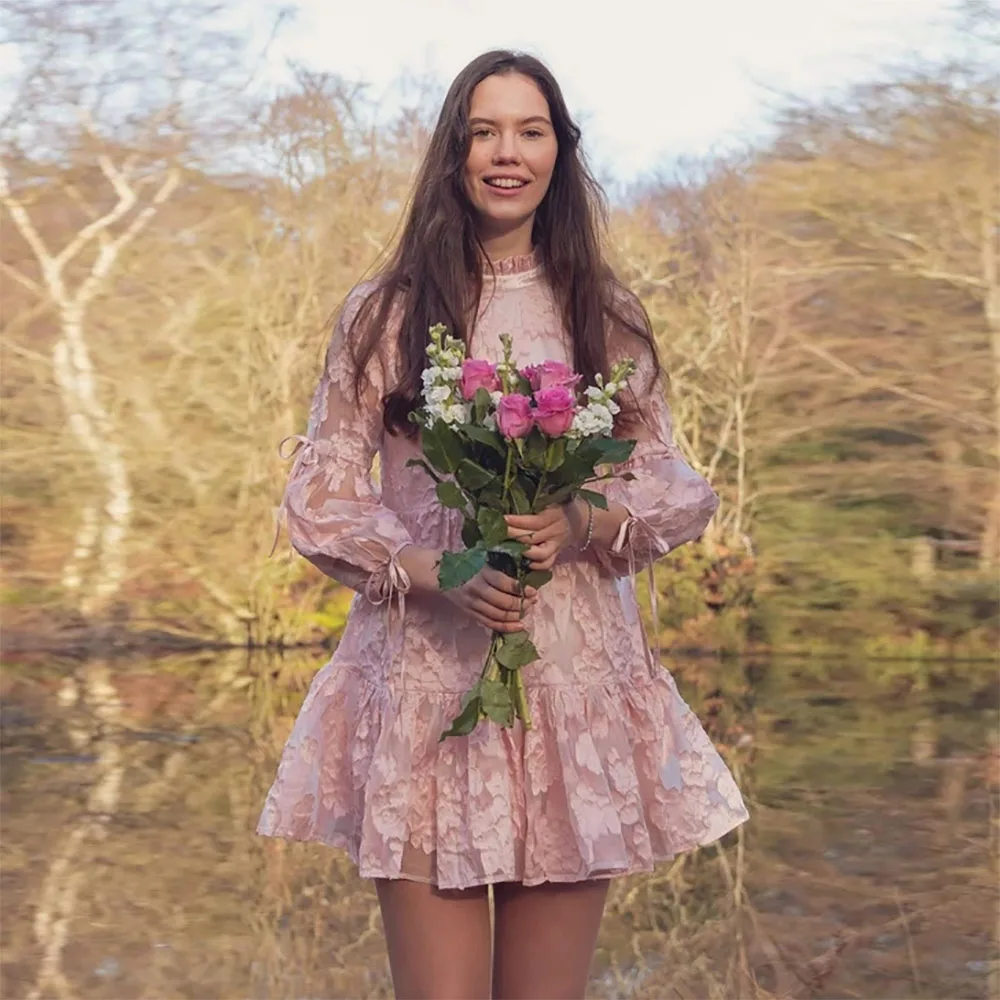 

Платье Xijun Fairy Dahlia для выпускного вечера, платья с длинным рукавом и цветочным рисунком, короткое ТРАПЕЦИЕВИДНОЕ ПЛАТЬЕ ДЛЯ официальной вече...