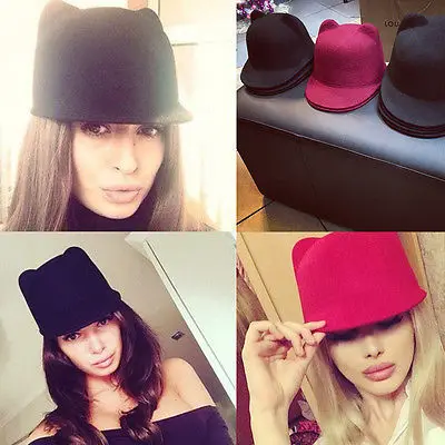 Новая модная женская зимняя теплая Круглая Шапка с кошачьими ушками шерстяная