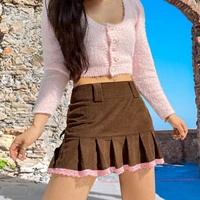 women skirt ruffle lace stitching hem casual pleated corduroy skirt solid color cute sweet college style streetwear lady skirt