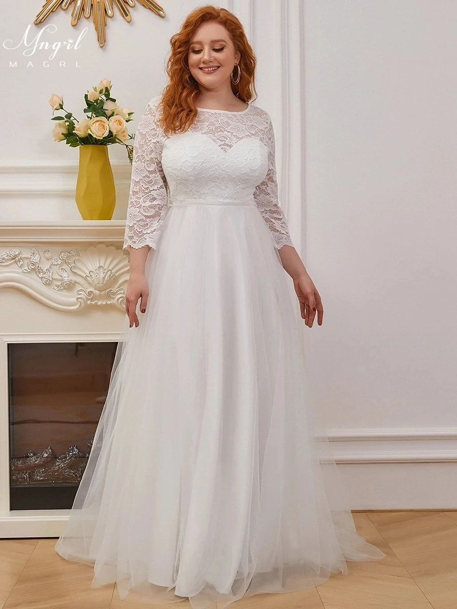 

MNGRL White Wedding Gown Lace O-neck Long Sleeve 3D Flower Bridal Dresses Floor-Length Plus Size