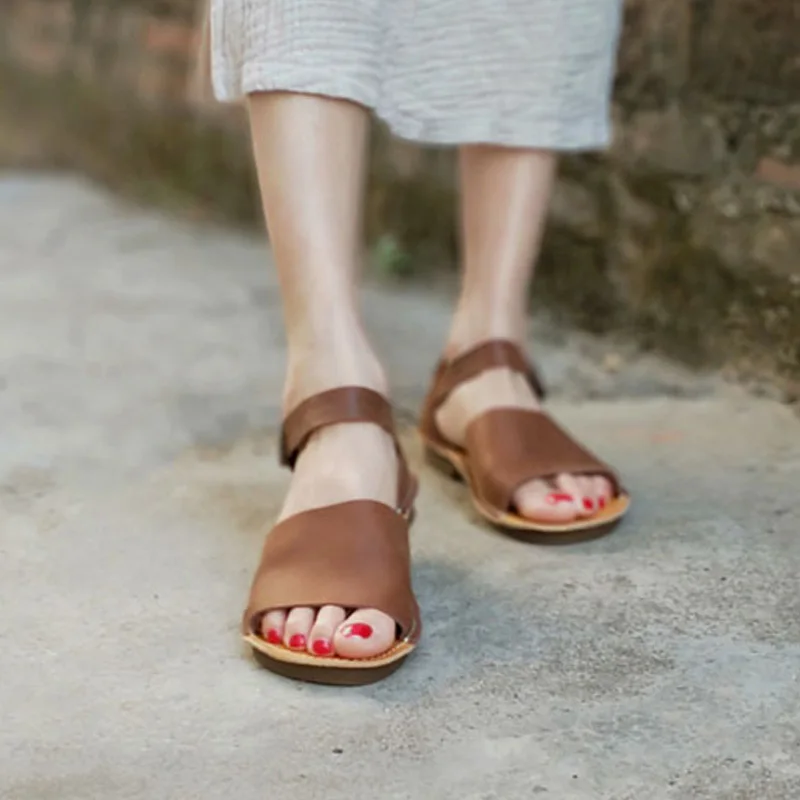 

CEYANEAO Women's Sandals Summer Shoes 100% Authentic Leather Ankle Strap Flat Sandals Female Footwear (6958-2)