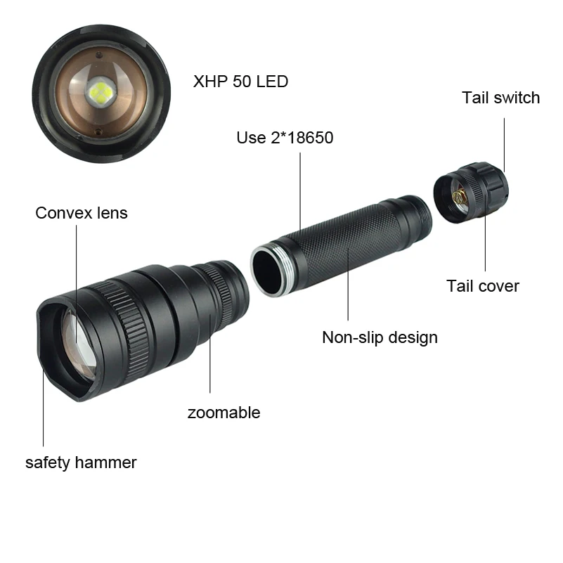 Online Linterna De Linterna Led Con Zoom Potente XHP50, Linterna Táctica De Aluminio Para Caza Y Camping, Resistente Al Agua, 5 Modos De Luz, Batería 18650