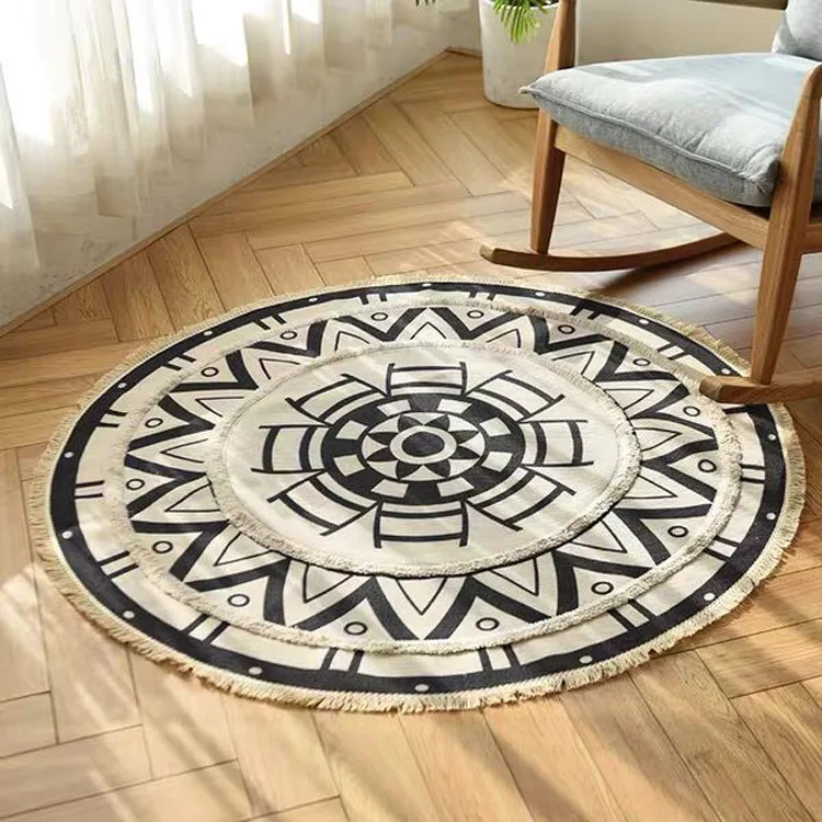

Round Linen Cotton Rug Carpet for Living Room Retro Bohemian Hand Woven Bed Room Carpets Anti-slip Floor Rugs Room Mat Moroccan