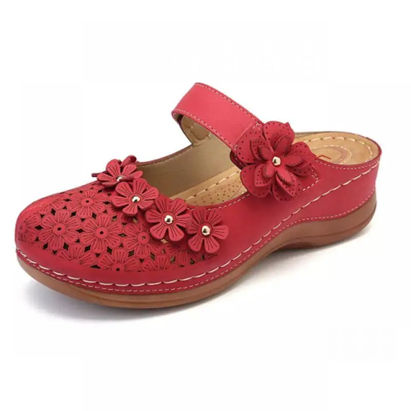 

Women Flat Sandals Hollow Out Retro Flower Round Toe Ladies Wedges Shoes Plus Size Soft Female Buckle Slippers Office Sandals
