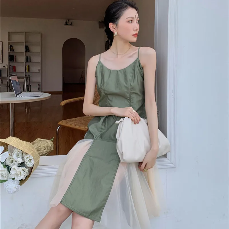 

Women Summer Spliced Vintage Elegant Spaghetti Strap Dress Female Green Sexy Slim Dresses Ladies Brand Designed Vestidos ML42