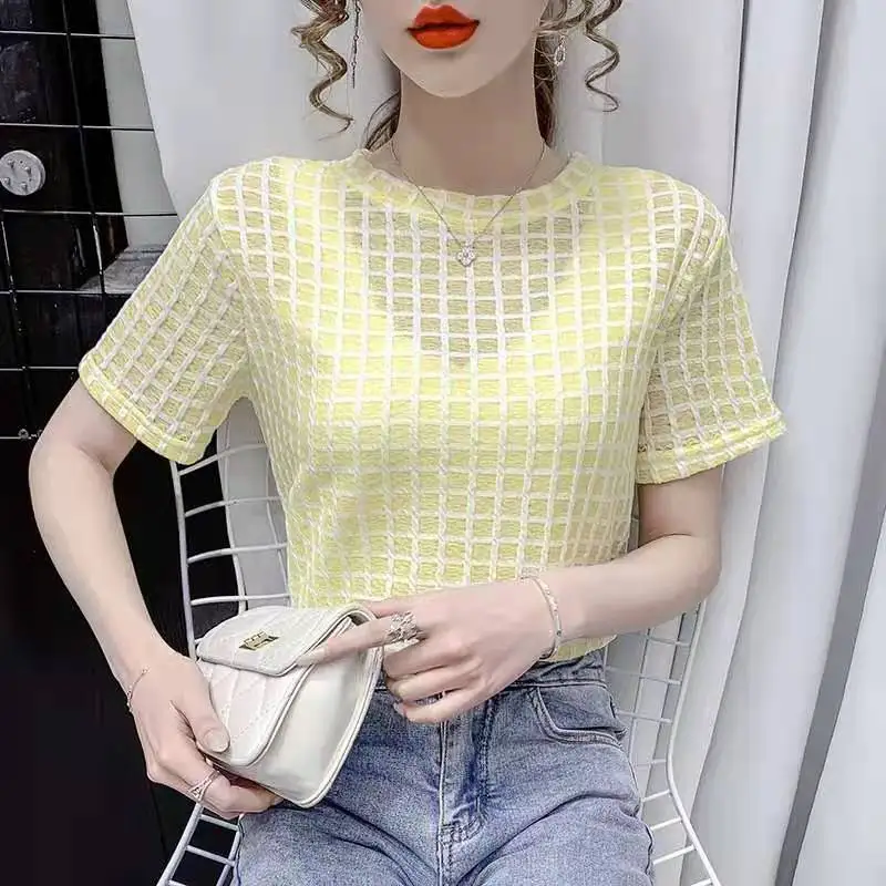 

Plaid Round Neck Short Sleeve T-shirt Women 2021 Summer New Fashion Sexy Hollow All-match Bottoming T Shirt Loose Top Y675