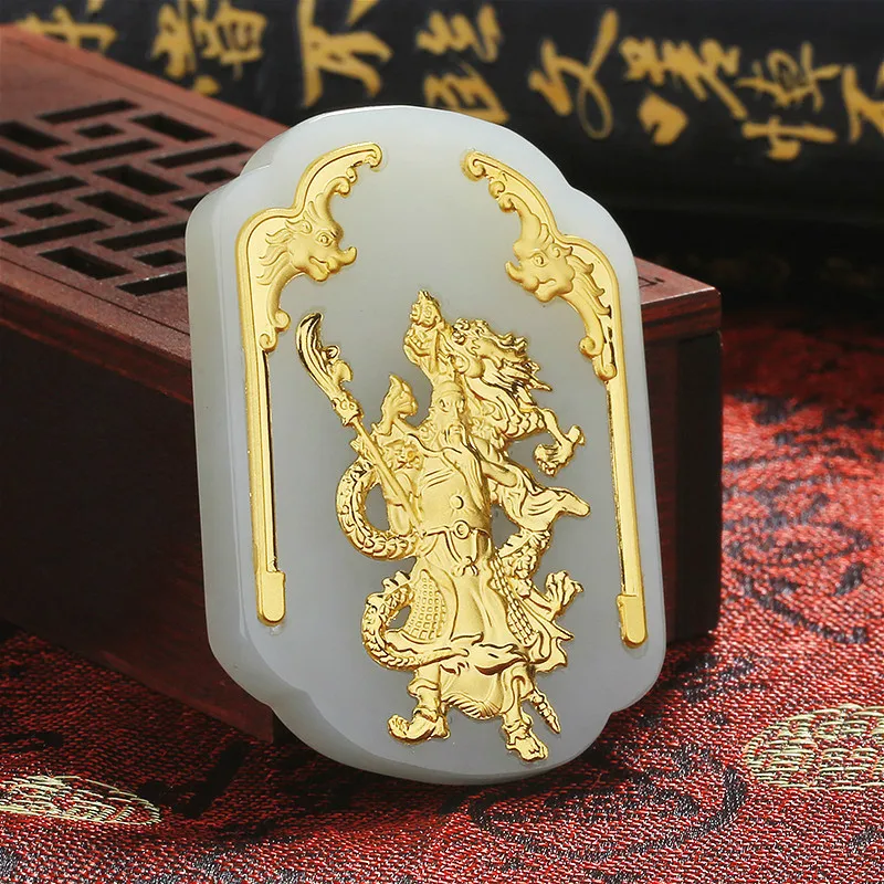 Натуральная китайская белая Нефритовая мозаика золотой кулон Гуань Юй Красивые