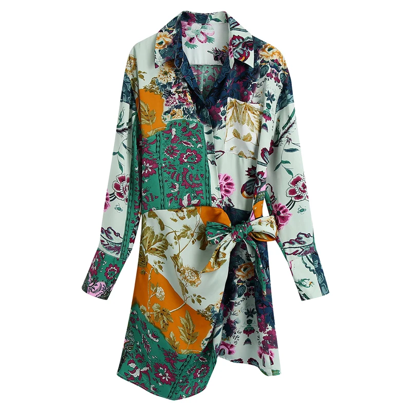

Women 2021 Fashion With tie Patchwork Floral Print asymmetric Shirt mini dress Vintage Long Sleeve Pockets Female Dresses Mujer