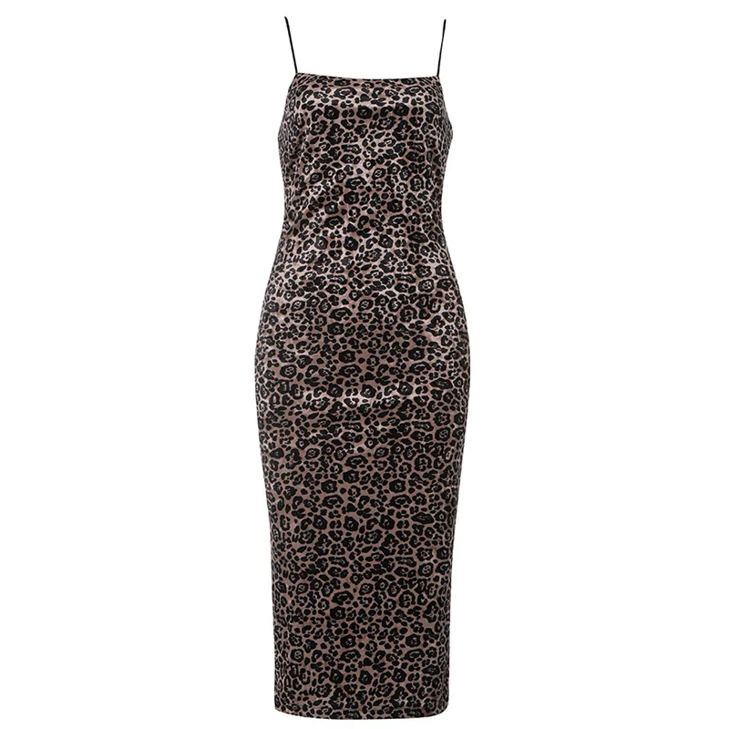 

2021 New Arrival Leopard Velvet Midi Spaghetti Straps Dress Women Summer Sexy Bodycon Elegant Celebrity Evening Party Dresses