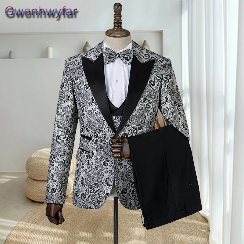 

Новый черный костюм Gwenhwyfar с заостренным лацканом по индивидуальному заказу, мужской костюм 2020, блейзеры с цветочным принтом по индивидуальному заказу с черными брюками, смокинг для жениха, 3 шт.