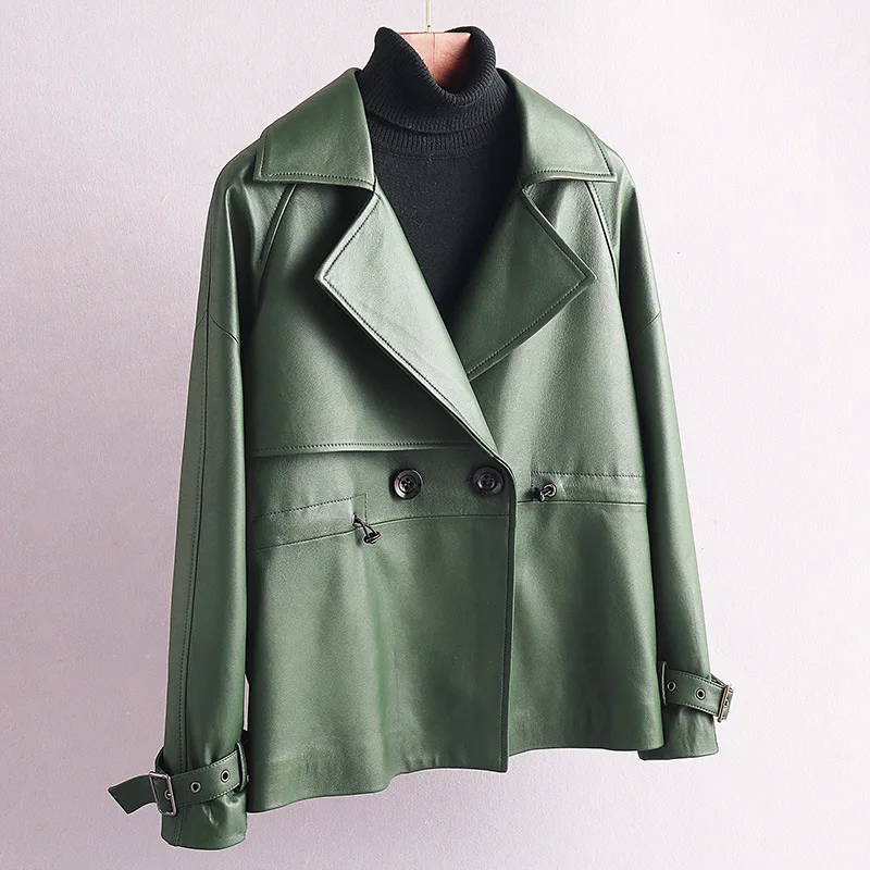 2020 New Genuine Leather Coats Short Turn-down Collar Green Sheep Fur Overcoats Single Breasted Long Sleeves Overcoats Jackets