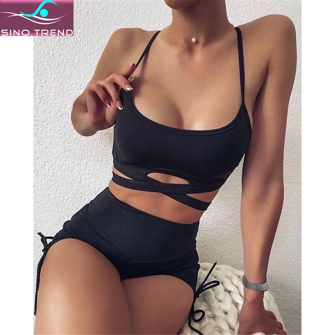

SINO.TREND Black Female Swimsuit High Waist Bikini Set 2021 Women Swimwear Two-pieces Bather Bathing Suit Swim Sportwear Lady