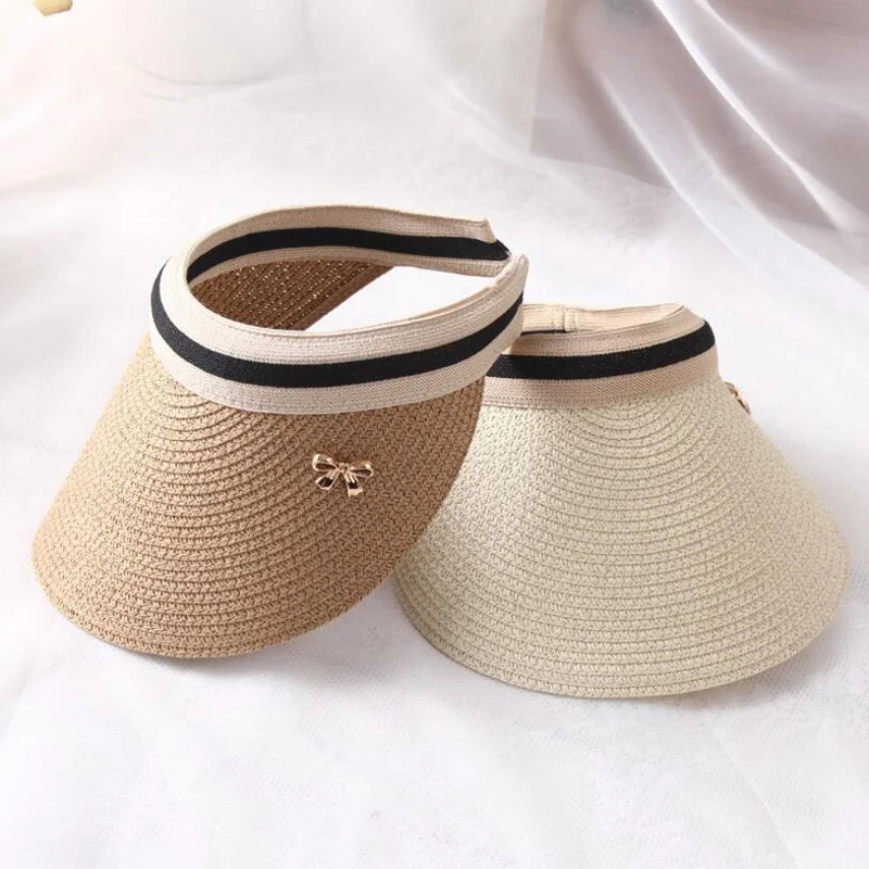 

2022 New Women Sun Hats Handmade Straw Visor Caps Parent-Child Summer Hat Empty Top Beach Hat