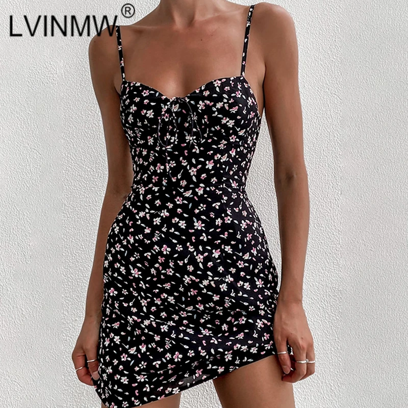 

LVINMW Spaghetti Straps Flower Printed Slim Fashion Summer Mini Dress Sleeveless Front Lace Up Fresh Casual Dresses For Women