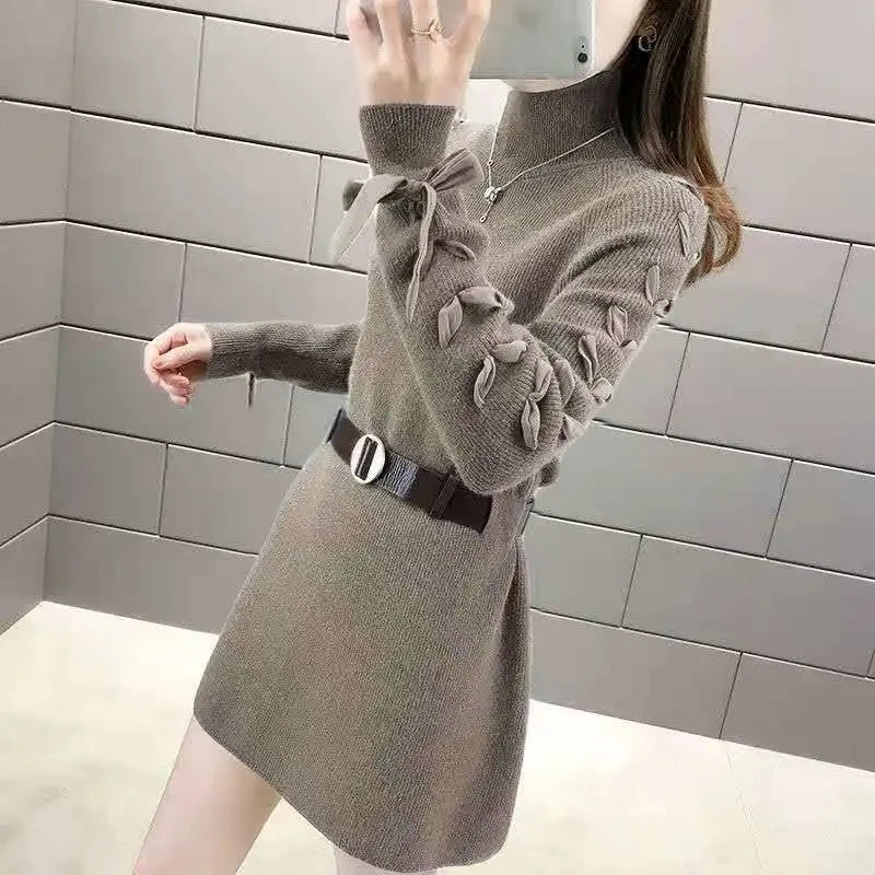 

Plus velvet thickening Knit Bottoming Shirt Dress Women Winter 2021 New Long Paragraph Fashion Lace Up Sweater Dress Vestido