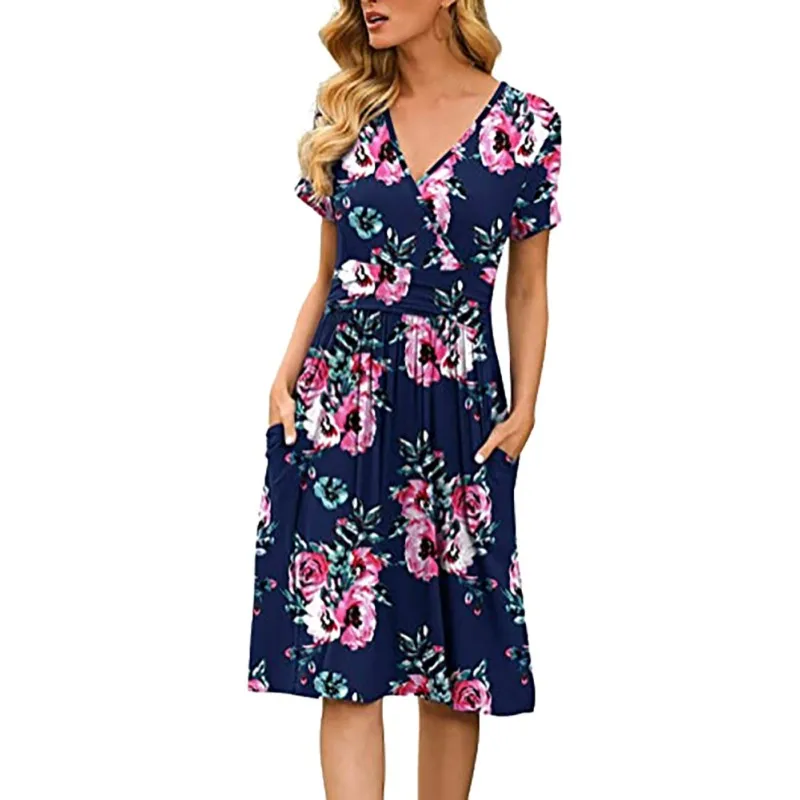 

Summer Women Floral Print Dress Casual Short-Sleeved V-Neck Slim Dress Mid-Length Knee Female Dress