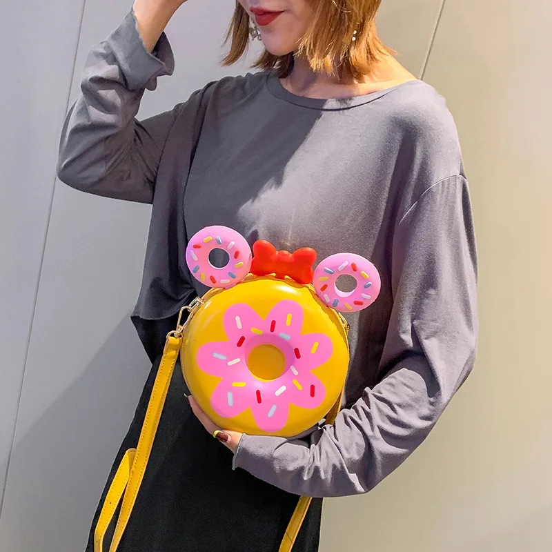 Donut Printing Disney Bags Cute Mickey Ear Small Round Bag Women Mickey Mouse Shoulder Diagonal Pu Fashion Girl Out Bags