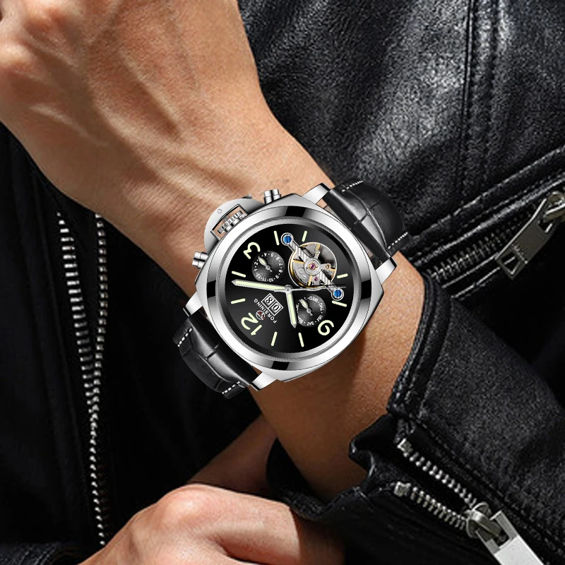 High Quality FORSINING Men Automatic Mechanical Watch Leather Strap Week Date Display Luminous Hands Wristwatches | Наручные часы