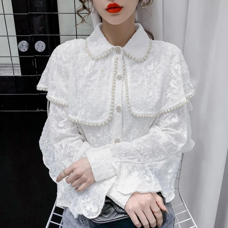 #2007 белые бежевые кружевные рубашки для женщин двухслойный воротник сексуальные