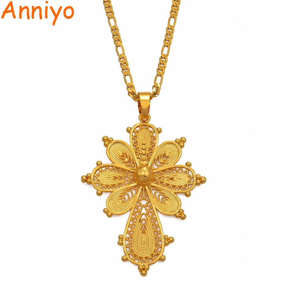 

Anniyo Ethiopian Cross Pendant Chain Necklaces for Women Girls,Gold Color Eritrea Jewelry African Crosses #216806