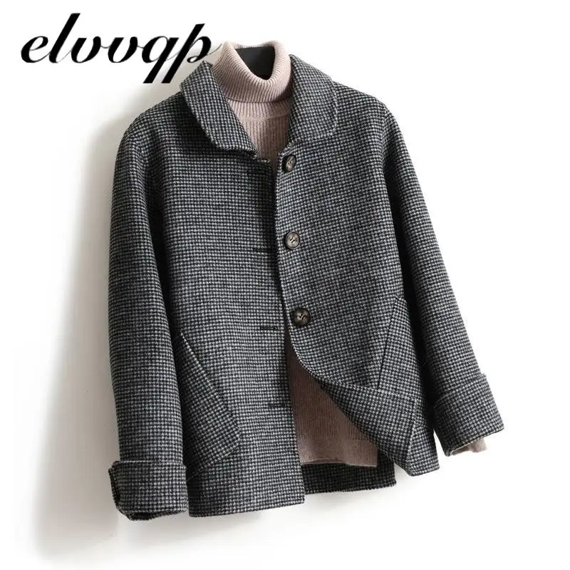 Женское Короткое шерстяное пальто в клетку однобортное зимнее из чистой шерсти с