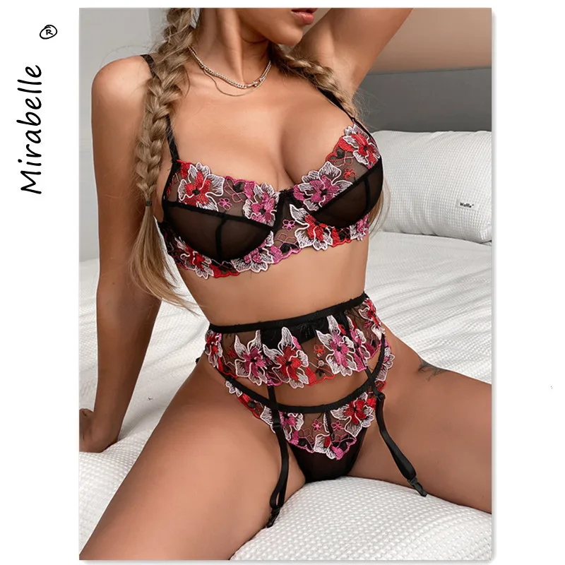 

MIRABELLE Fancy Sensual Lingerie Floral Lace Embroidery Underwear Erotic See Through Bra And Thong Garters 3 Piece Exotic Sets