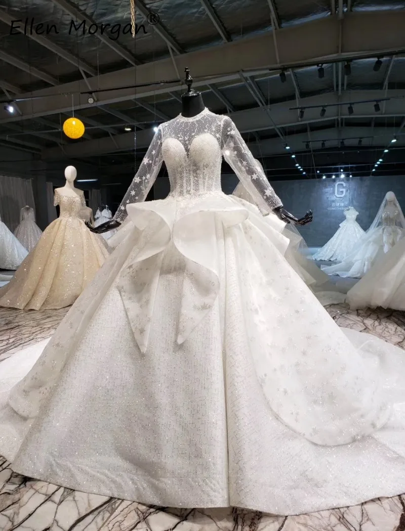 Ivory Glitter Long Sleeves Ball Gowns Wedding Dresses 2020 Elegant Corset Lace Puffy Backless Princess Bridal for Women | Свадьбы и