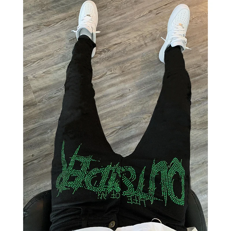 New 2021 Men's Black Pants Biker Jogging Street Elastic Skinny ripped Jeans Design Hot Drill Small Feet Washed denim trousers